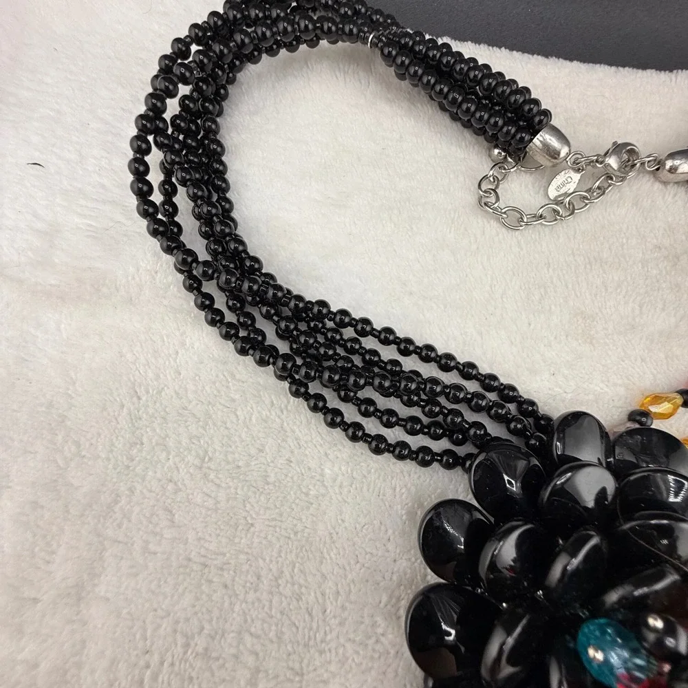 Joan Rivers Necklace Black Glass Floral Tassel Multi Strand 20